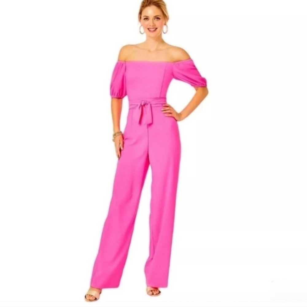 Lilly Pulitzer Jada Jumpsuit 14 Pink Isle Off the Shoulder Wide Leg Belted 14